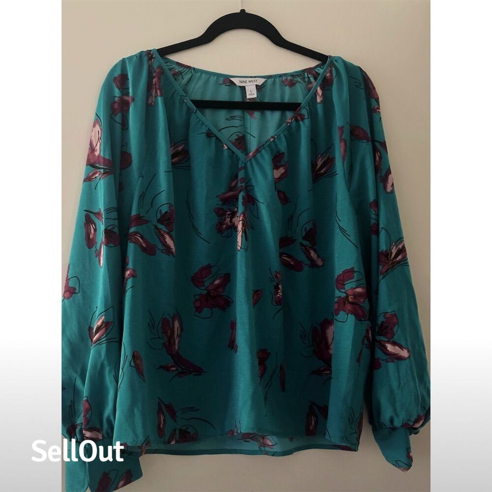 Nine West Women's Floral V-Neck Blouse Long Sleeve Size L Multicolor